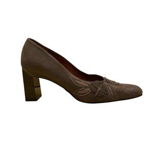 Sesto Meucci Women's Gray Suede Floral Embroidered Block Heels Size 8M